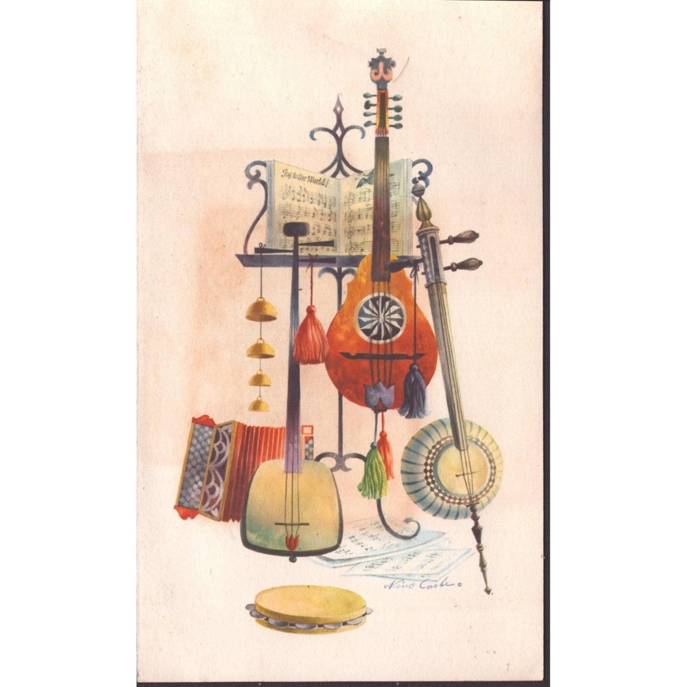 Vintage Nino Carbe American Artists Group Christmas Card Musical Instruments VG
